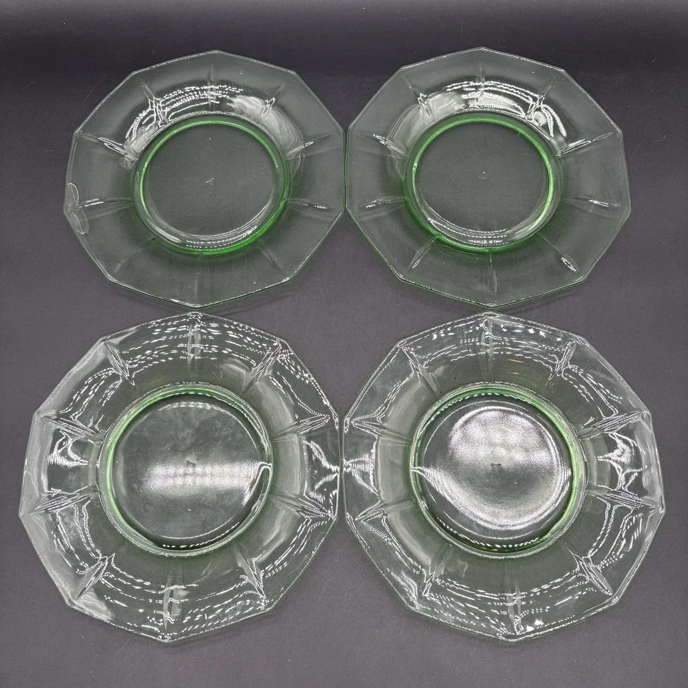 1930s Cambridge Glass Co. Decagon Uranium Depression Glass Plates, 8